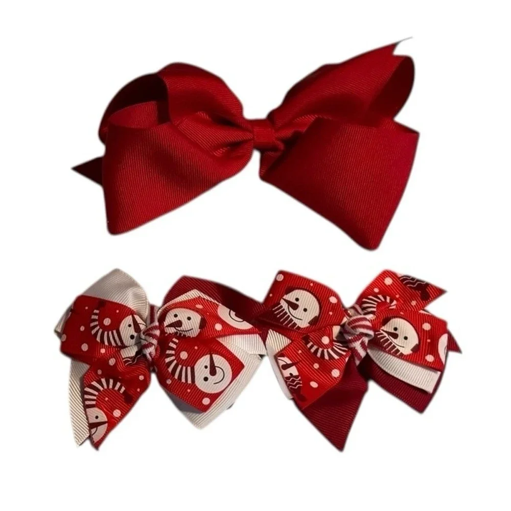 Girls Christmas Hair Bows Handmade Holiday Snowman Santa Claus Red